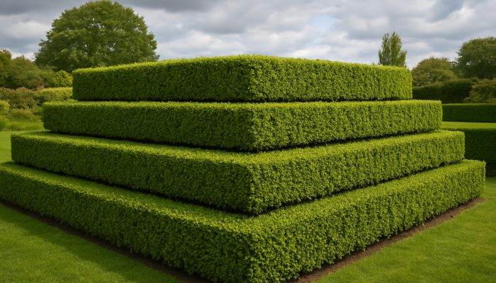 Symmetrically trimmed hedge in a lush English garden, promoting healthy growth in Stoke-Sub-Hamdon's breezy weather.