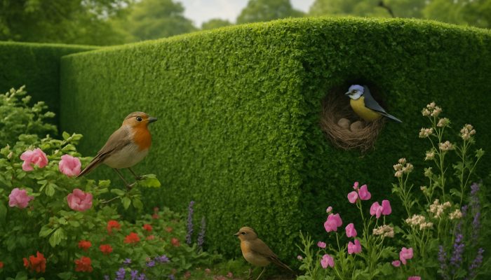 Neatly trimmed emerald hedge in a lush UK garden, with birds nesting among blooming flowers.