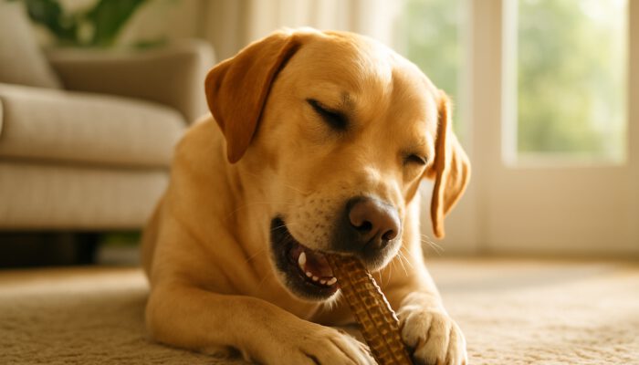 Serene dog chewing textured dental treat in sunlit living room, eyes focused.