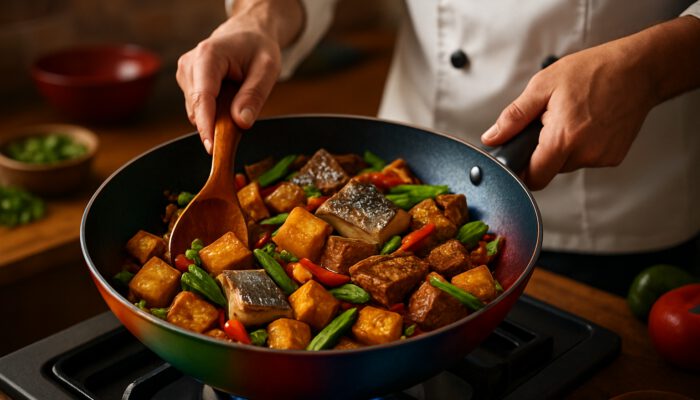 Chef stir-frying golden tofu, fresh fish, and hearty seitan in a vibrant wok.