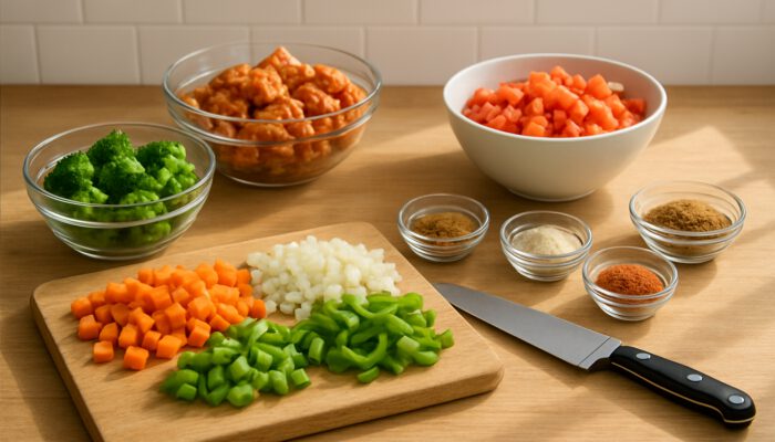 Sunlit kitchen counter with chopped vegetables, marinated proteins, and portioned spices for efficient meal prep.