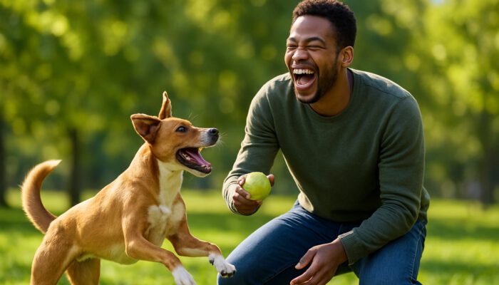 Joyful individual laughing while playing fetch with an energetic dog in a sunny park.