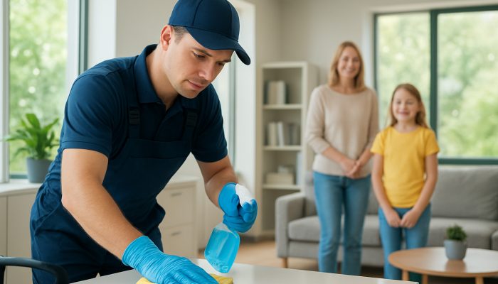 Dedicated janitor in uniform ensuring cleanliness in office and home settings in Queen Camel with satisfied residents.