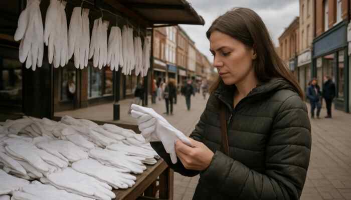 Shopper examining white cotton gloves on Rotherham market stall.