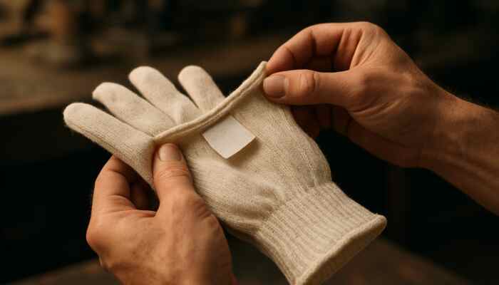 Skilled hands in workshop inspecting cotton gloves: checking seams, stretching fabric, and verifying UK certification.