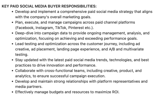 sample job description for a paid social media specialist