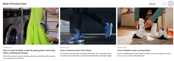 An image of 3 articles from Nike's product care content section