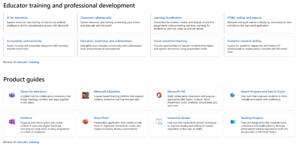An image from the Microsoft website, highlighting their Educator center and product guides.
