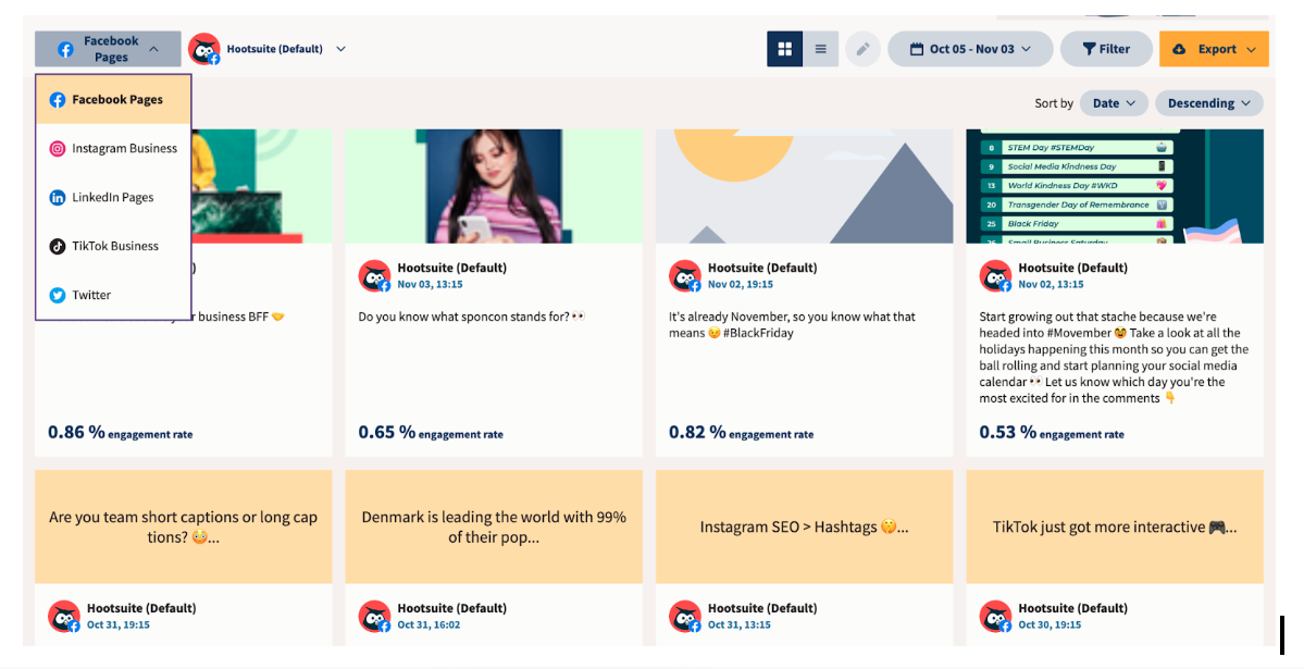 An analytics screen showing a grid of recent social posts with engagement rates, dates, and filters for different social networks.