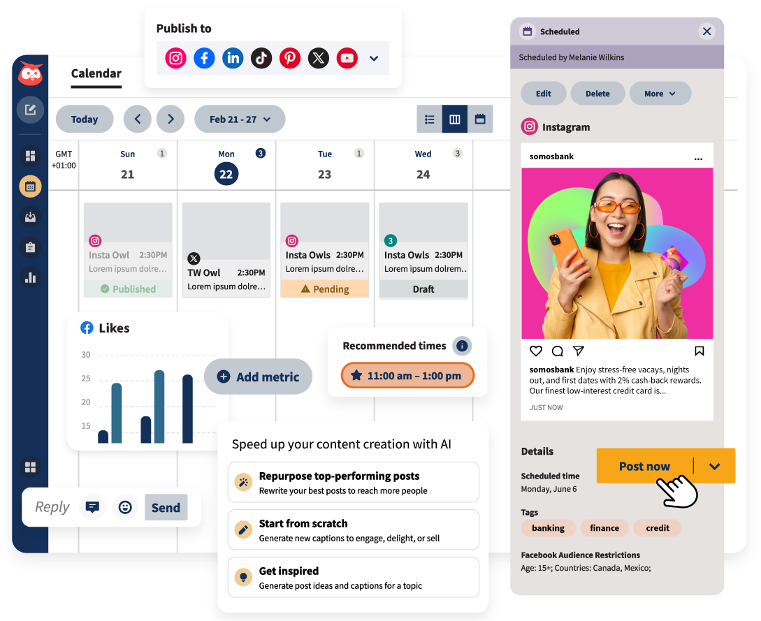 A social media management dashboard with a publishing calendar, scheduled post details, and a panel offering ai-assisted content creation options.