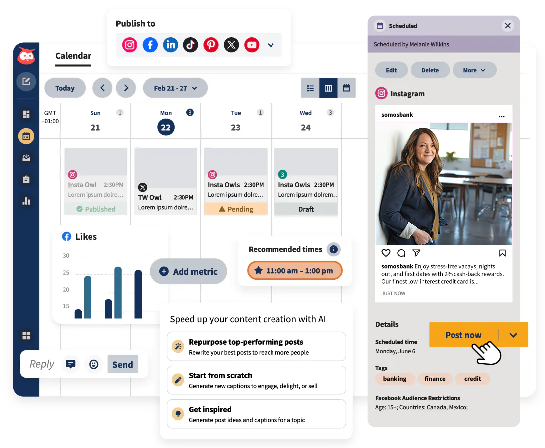 A social media management dashboard showing a weekly publishing calendar, platform selection icons, and ai suggestions for creating and repurposing posts.