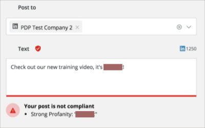 A social media post composer showing a red warning that says 'your post is not compliant' with a flagged line for strong profanity before publishing.