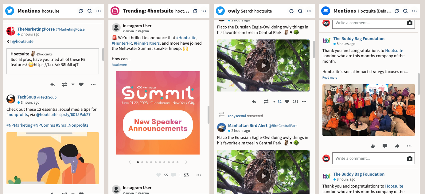 A multi-column monitoring dashboard showing social mentions, trending hashtags, and search results across platforms.