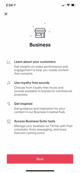 TikTok business account signup screen showing how to switch account types