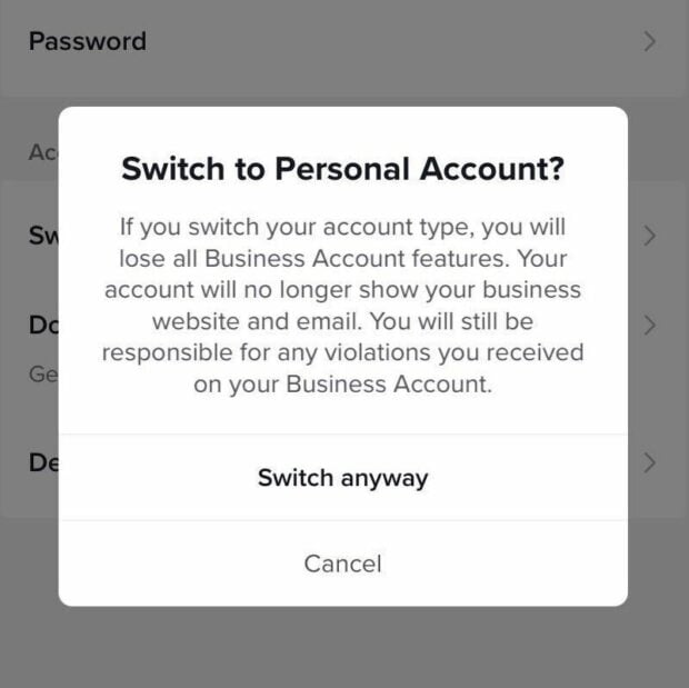 TikTok switch from business to personal account settings screen