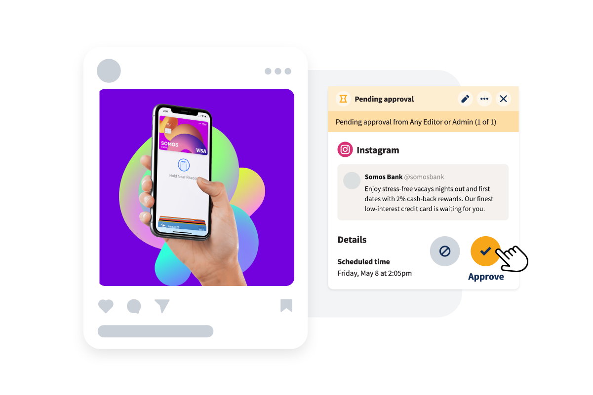A split-screen view of an instagram post next to a panel that shows 'pending approval' with an approve button for a scheduled post.