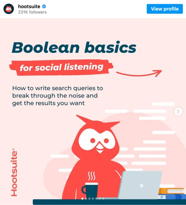 Instagram carousel from Hootsuite featuring Boolean basics for social media listening