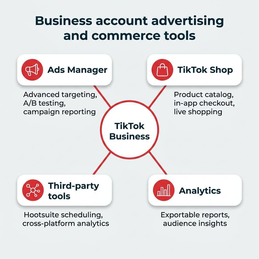 Business account advertising and commerce tools — hub-and-spoke diagram showing Ads Manager, TikTok Shop, third-party integrations, and analytics as the four key business account tool categories