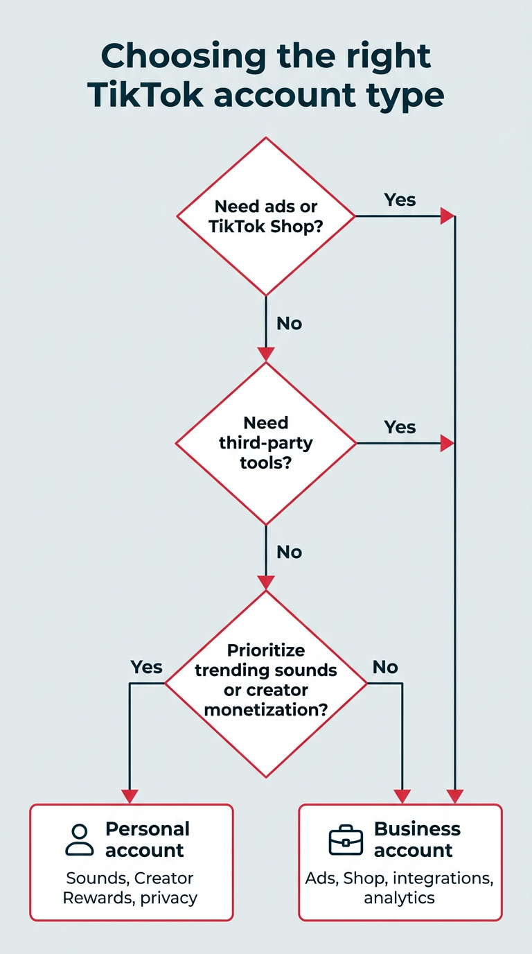 Choosing the right TikTok account type — decision flowchart with three questions about ads, third-party tools, and creator monetization leading to personal or business account recommendations