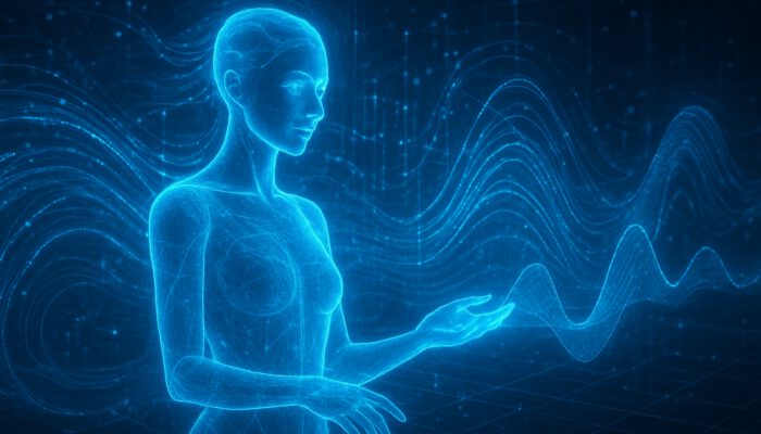 Predictive Forecasting: Glowing holographic virtual assistant analyzing data streams to predict user needs in high-tech landscape.