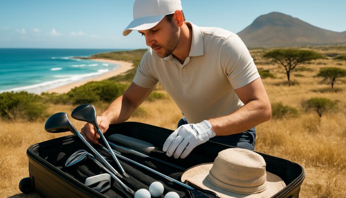 Golfer packing suitcase with clubs, balls, and UV gear against South Africa's sunny beaches and savannas.