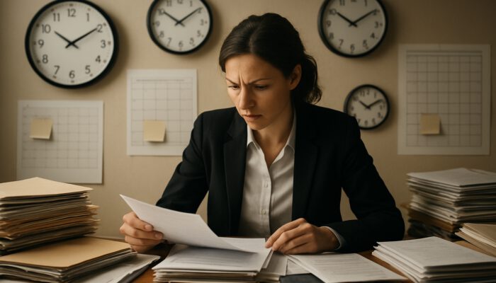 Focused campaign assistant prioritizing documents in cluttered office with clocks and task lists under deadline pressure.