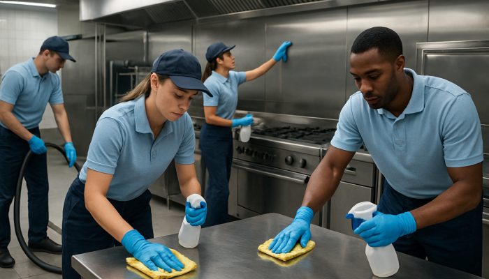 Expert cleaners sanitizing a sparkling commercial kitchen with advanced tools.