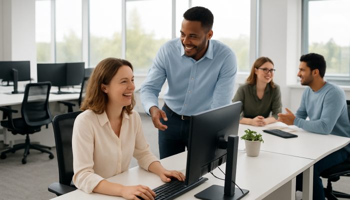 A modern Ilchester office with immaculate desks, ergonomic workstations, and satisfied employees collaborating.
