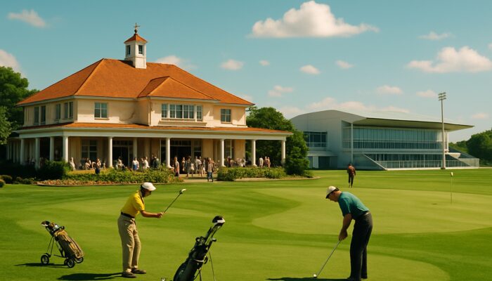 1960s Margate Country Club: golfers teeing off on lush greens, socialising at stately clubhouse, evolving to modern sports under sunny sky.