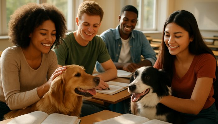Diverse students smiling while interacting with therapy dogs and studying in a well-lit classroom.