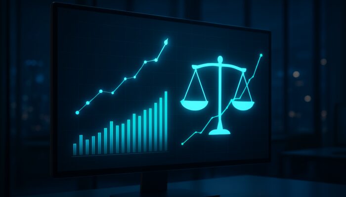 Sleek financial dashboard displaying the Calmar Ratio, upward-trending stocks, and the balance between risk and return in a modern office.