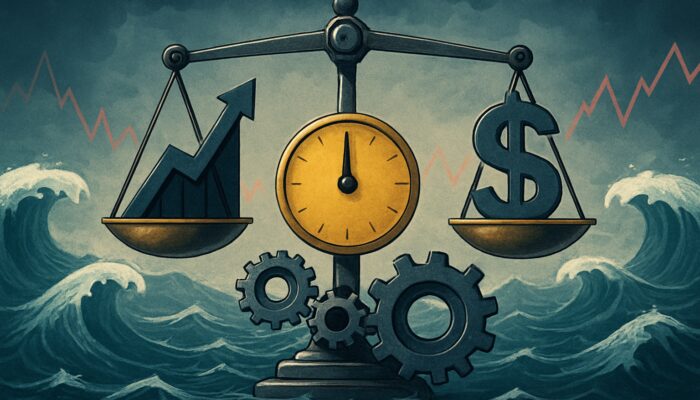 Financial scale balancing the Calmar Ratio amidst fluctuating stock market waves and gears adjusting for volatility and risk.