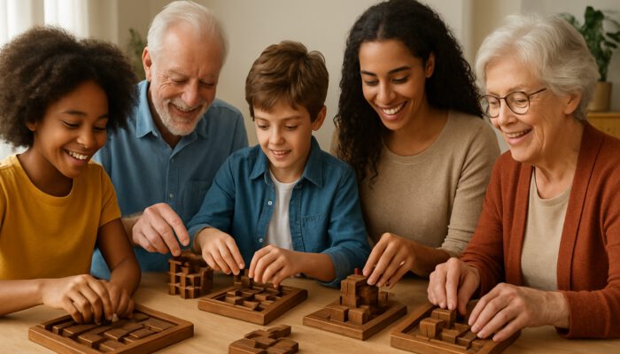 A diverse group of people of all ages engaged in solving Havana Brown puzzles with focused, joyful expressions in a bright environment.