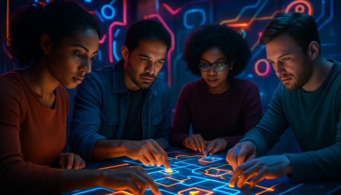 A diverse group of players solving glowing puzzles in a futuristic Havana Brown intelligence game environment.