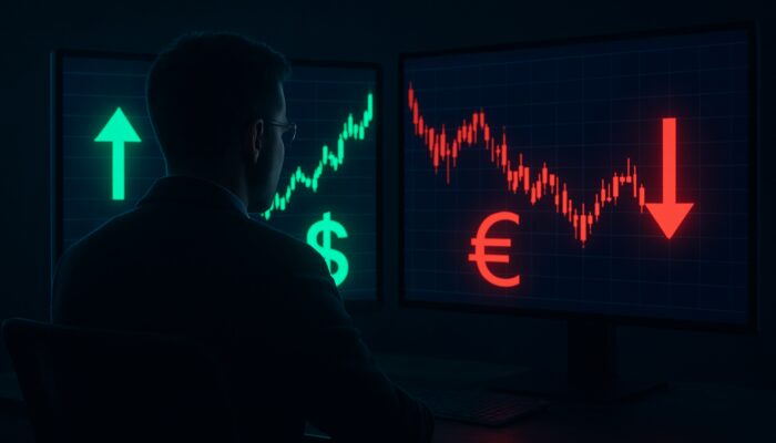 Trader monitoring dual screens with mismatched stock prices and arbitrage arrows in a dimly lit room.
