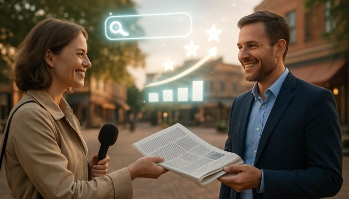 Journalist handing newspaper to pleased business owner in town square with glowing SEO icons