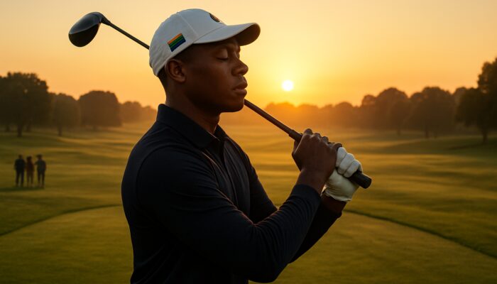 South African golfer practicing deep breathing mid-swing on lush Gauteng driving range at dawn