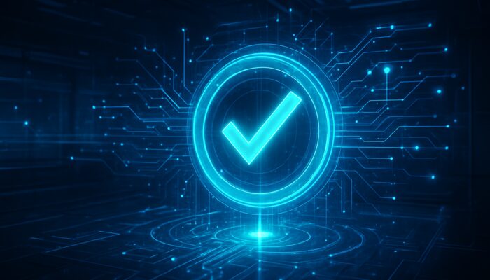 Futuristic holographic dashboard displaying glowing system quality score with data streams in high-tech lab