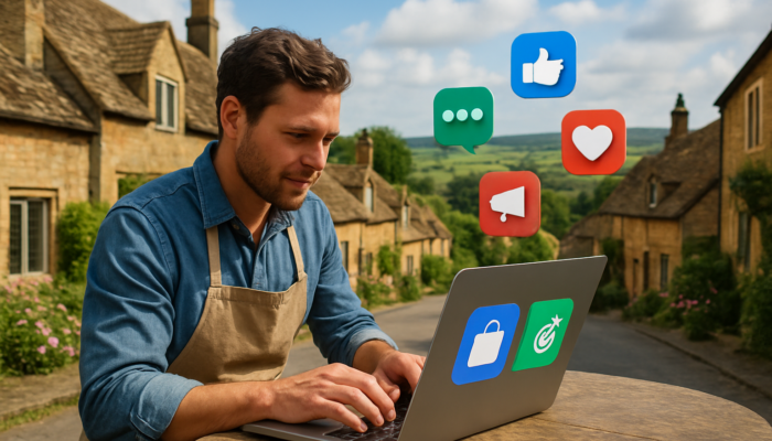Small business owner in South Petherton using a laptop for targeted digital ads with social icons