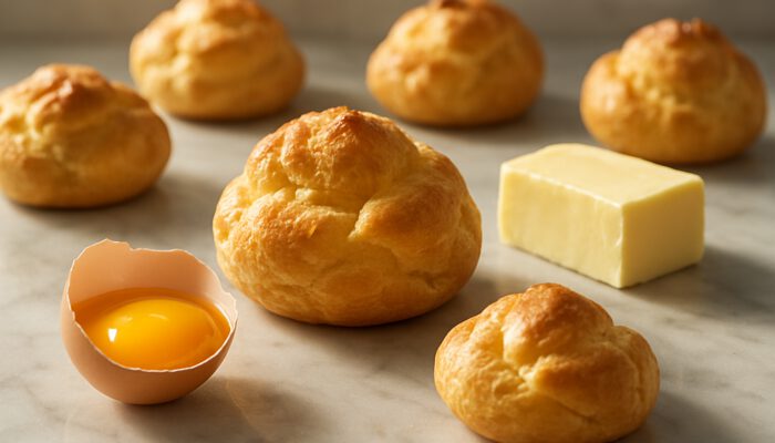 Golden choux pastry puffs with fresh eggs and butter on sunlit marble countertop