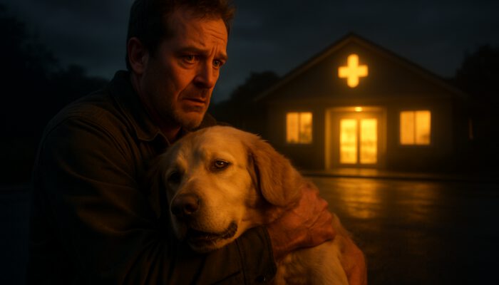 Owner rushing lethargic golden retriever with jaundice to a veterinary clinic at dusk