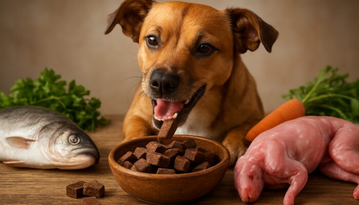 Joyful dog enjoying hypoallergenic duck and venison treats next to fish and rabbit on rustic table