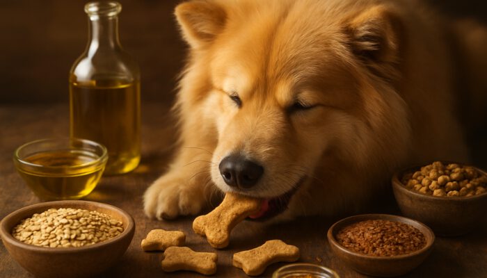 Fluffy dog with a shiny coat enjoying hypoallergenic treats drizzled with flaxseed and olive oil on rustic wood.