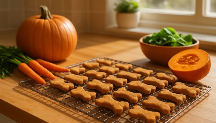 Freshly baked hypoallergenic pet treats cooling on a wire rack alongside carrots and pumpkin in a bright kitchen.