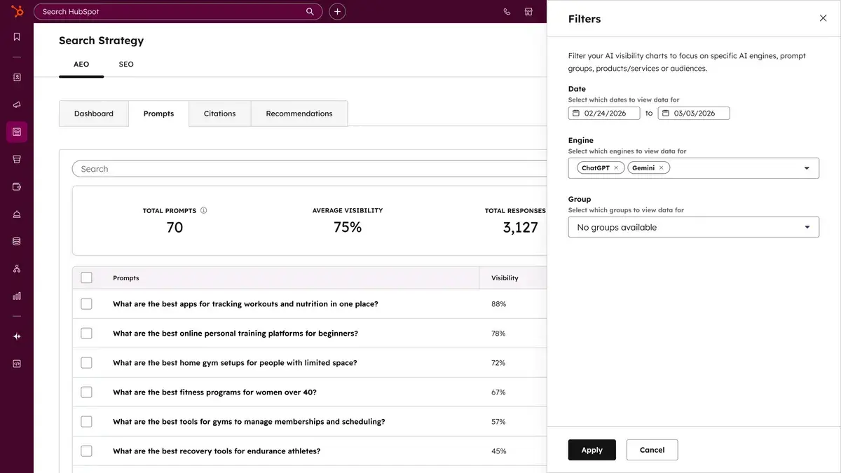 a screenshot of hubspot’s AEO product