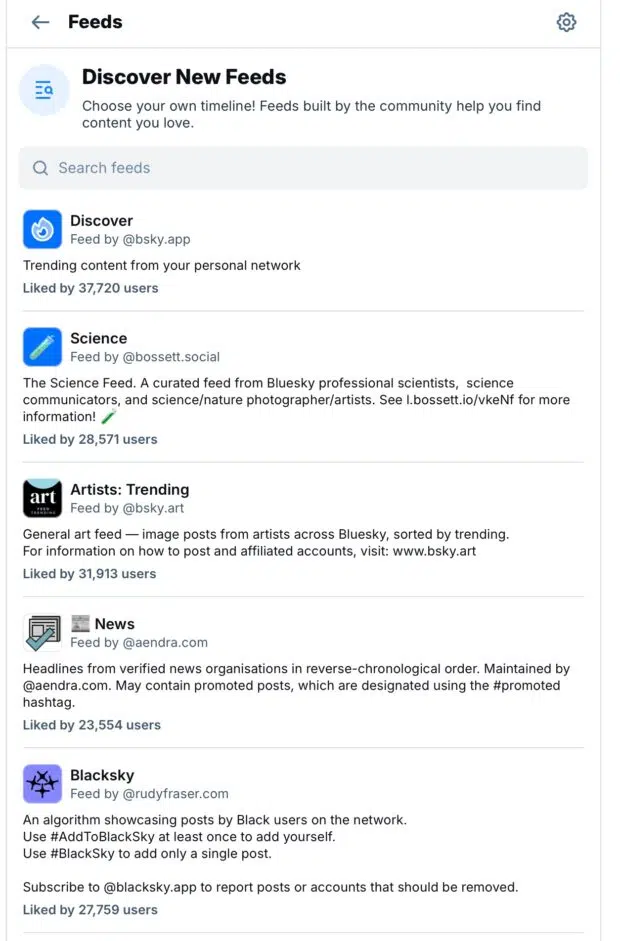 Bluesky social media algorithm custom feeds discovery page