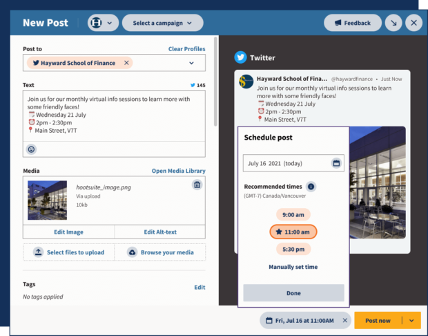 Hootsuite Composer new post Hayward School of Finance
