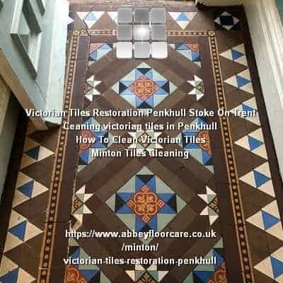 Victorian hallway tiles in Penkhull revealed after carpet removal, showing dark residue and uneven wear