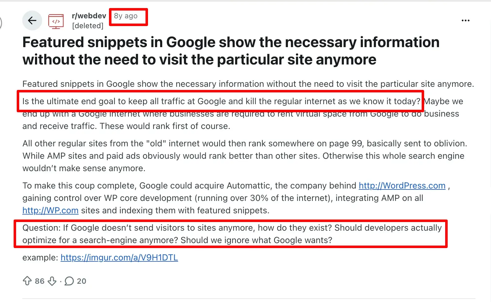 Reddit post from 8 years ago showing the poster's concern about featured snippets taking traffic