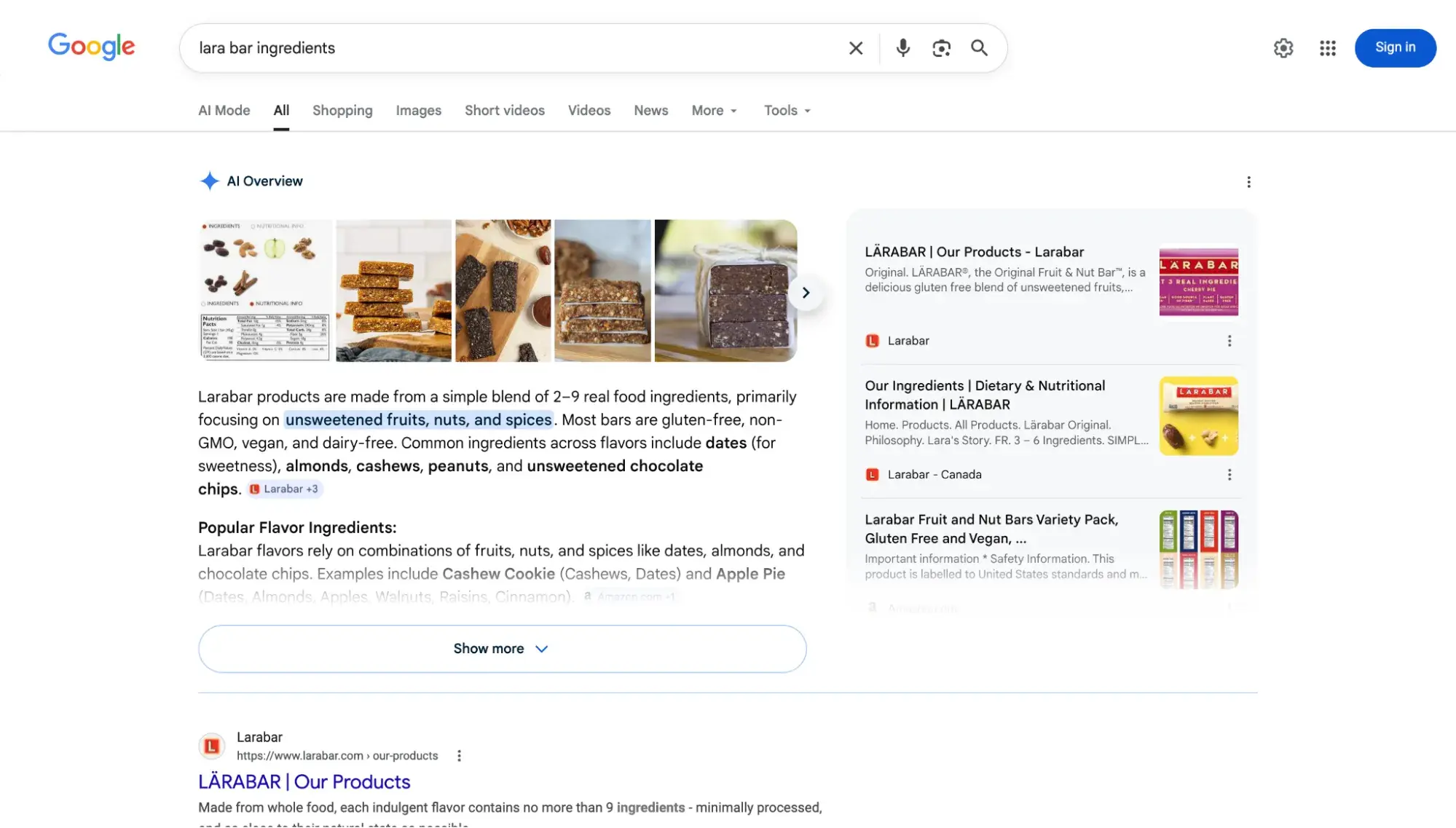Google AI Overview for the informational query “lara bar ingredients” summarizing what LARABAR products are made of and listing popular flavors